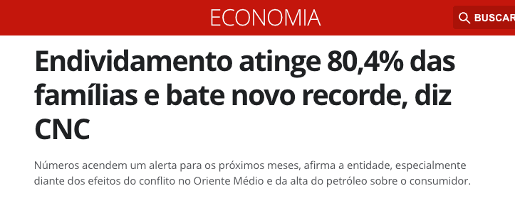 Manchete: Endividamento atinge 80,4% das famílias e bate novo recorde, diz CNC